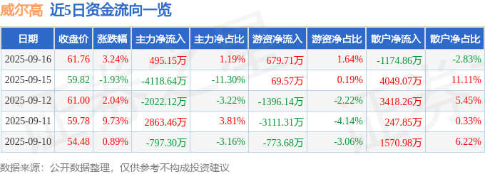 股票行情快报：威尔高（301251）9月16日主力资金净买入495.15万元